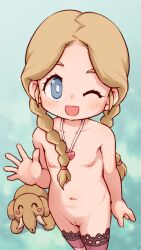  1girl :d baraag blonde_hair blue_eyes blush braid breasts cleft_of_venus collarbone commentary_request cowboy_shot female_focus heart_pendant highres lasto linnea loli long_hair looking_at_viewer navel nipples nude one_eye_closed open_mouth pussy small_breasts smile solo standing stuffed_elephant stuffed_toy thighhighs twin_braids uncensored 