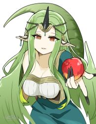  1girl apple breasts brown_eyes circlet commentary_request dragon_tail dragon_wings dress fire_emblem fire_emblem_echoes:_shadows_of_valentia fire_emblem_gaiden food fruit green_hair green_nails green_tail green_wings hair_wings holding holding_food holding_fruit horns large_breasts looking_at_viewer mila_(fire_emblem) nail_polish nintendo pointy_ears single-shoulder_dress single_horn tail very_long_fingernails wings yukia_(firstaid0) 