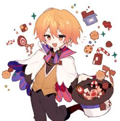  1boy black_pants blonde_hair brown_shirt candy candy_cane capelet chinese_commentary chocolate chocolate_bar chocolate_chip_cookie chocolate_heart collared_shirt commentary_request cookie food gelato1014 hand_on_own_hip hat heart holding holding_clothes holding_hat leg_up male_focus open_mouth orange_eyes orange_vest pants project_sekai shirt short_hair simple_background smile solo sparkle tenma_tsukasa two-sided_capelet two-sided_fabric v-shaped_eyebrows vest white_background white_capelet 