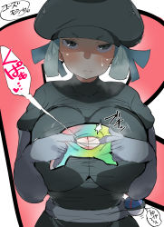 &gt;:( 1girl black_hat blush breasts breath cabbie_hat cleavage cleavage_cutout clothes_writing clothing_cutout commentary_request creatures_(company) game_freak gerumaga gloves great_ball green_hair grey_gloves hat highres huge_breasts looking_at_viewer nintendo paizuri_invitation poke_ball pokemon pokemon_usum ripping shirt sketch solo speech_bubble steam sweatdrop team_rainbow_rocket_grunt team_rainbow_rocket_uniform tearing_clothes text_focus torn_clothes torn_shirt translated waist_poke_ball rating:Questionable score:90 user:AngryZapdos