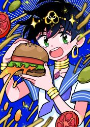  1girl black_hair blue_background blue_neckerchief blue_sailor_collar burger cheese collarbone eyelashes food french_fries fujishima_moyu gold_necklace green_eyes highres holding holding_burger holding_food imminent_bite jewelry neckerchief necklace original pickle sailor_collar school_uniform short_hair short_sleeves solo upper_body 