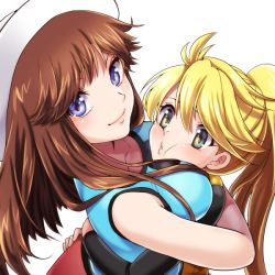 2girls arms_around_waist ass_grab bad_id bad_twitter_id bare_shoulders between_breasts blonde_hair blue_eyes blush breasts brown_hair cheek_squash creatures_(company) game_freak green_(pokemon) green_eyes hat hug large_breasts lips long_hair looking_at_viewer looking_back mokorei multiple_girls nintendo pokemon pokemon_adventures ponytail shirt simple_background sleeveless sleeveless_shirt smile smother sun_hat white_background yellow_(pokemon) rating:Questionable score:43 user:danbooru