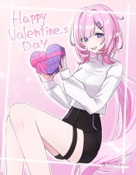  1girl absurdres black_shorts blue_eyes box breasts elf elysia_(honkai_impact) elysia_(miss_pink_elf)_(honkai_impact) english_text hair_between_eyes hair_ornament hairclip happy_valentine heart-shaped_box highres holding honkai_(series) honkai_impact_3rd legband long_hair looking_at_viewer open_mouth pink_background pink_hair pink_pupils pointy_ears ponytail qing231 shorts sitting smile solo sweater turtleneck turtleneck_sweater twitter_username very_long_hair white_sweater 