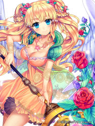  1girl blonde_hair blue_eyes blush bow breasts cleavage dress ells flower frills hair_ornament jewelry long_hair looking_at_viewer necklace original rose smile solo staff twintails very_long_hair wings  rating:Sensitive score:10 user:angryneko