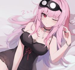  1girl bare_shoulders bed_sheet black_nails black_nightgown breasts cleavage covered_erect_nipples hand_up highres hololive hololive_english jewelry large_breasts lying messy_hair misa1587 mori_calliope mori_calliope_(sleepwear) nail_polish necklace nightgown official_alternate_costume on_back pink_hair red_eyes sleep_mask virtual_youtuber wristband 