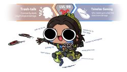  1girl apex_legends black_gloves blue_shirt brown_hair cartoonized chibi commentary conduit_(apex_legends) english_commentary exoskeleton fingerless_gloves flip-flops floating_hair freckles gloves highres miyan_(oceanmaiden) sandals shirt short_hair smile solo tagalog_text throwing toon_(style) translation_request v-shaped_eyebrows white_background 