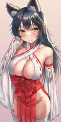 1girl animal_ear_fluff animal_ears areola_slip black_hair blonde_hair blush breasts brown_background cat cat_ears cleavage collarbone cowboy_shot detached_sleeves gradient_background gradient_hair groin hakama highres japanese_clothes large_breasts long_hair long_sleeves looking_at_viewer miko multicolored_hair nigmatullin no_panties original parted_lips red_hakama red_ribbon ribbon ribbon-trimmed_sleeves ribbon_trim smile solo thighhighs very_long_hair white_thighhighs wide_sleeves yellow_eyes rating:Questionable score:27 user:danbooru