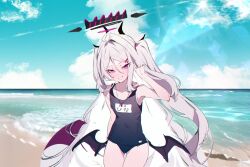  1girl bare_shoulders black_halo black_horns blue_archive blue_sky covered_navel cowboy_shot demon_girl demon_horns demon_wings grey_hair hair_ornament hairclip halo hand_up highres hina_(blue_archive) hina_(swimsuit)_(blue_archive) horizon horns long_hair looking_at_viewer low_wings multiple_horns name_tag ocean official_alternate_costume official_alternate_hairstyle old_school_swimsuit outdoors parted_bangs parted_lips purple_eyes school_swimsuit sky solo soukou_makura swimsuit very_long_hair whistle whistle_around_neck wings 