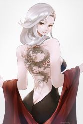  1girl ass back back_tattoo bare_back butt_crack dress from_behind highres long_hair looking_at_viewer looking_back niijima_sae persona persona_5 red_eyes silver_hair smile solo tattoo tommy_(kingdukeee)  rating:Sensitive score:37 user:Idealjp