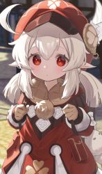  1girl :o backpack bag blurry blurry_background brown_gloves child clenched_hands cowboy_shot day feathers fur genshin_impact gloves hair_between_eyes hands_up hat highres klee_(genshin_impact) light_brown_hair looking_at_viewer namaonpa outdoors parted_lips pointy_ears randoseru red_eyes sidelocks solo standing  rating:General score:39 user:danbooru