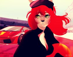  angellove44 breasts car cleavage copyright_request furry highres motor_vehicle pantyhose racer red_hair  rating:Questionable score:3 user:gingersnaps