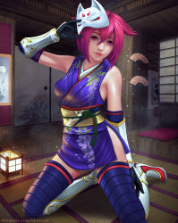  1girl animal_ears architecture arm_guards borrowed_character breasts commission cosplay east_asian_architecture elbow_gloves fox_mask gloves hand_fan highres indoors japanese_clothes kimono kneeling kunimitsu_(tekken) kunimitsu_(tekken)_(cosplay) legs_apart lips looking_at_viewer mask mask_on_head medium_breasts namco obi original patreon_username pink_eyes pink_hair sash short_hair short_kimono sleeveless sleeveless_kimono smile solo tekken thighhighs veralde watermark web_address 