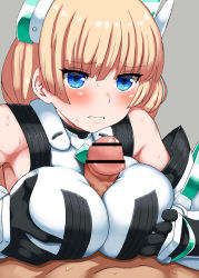 1boy 1girl angela_balzac armor armpits bad_id bad_pixiv_id bar_censor bare_shoulders belko black_gloves blonde_hair blue_eyes blunt_bangs blush bodysuit breast_rest breasts breasts_squeezed_together censored clenched_teeth clothed_female_nude_male clothed_sex elbow_gloves girl_on_top gloves grabbing grabbing_own_breast grey_background halterneck headgear hetero large_breasts leotard long_hair looking_at_viewer lying nude on_back paizuri paizuri_over_clothes penis pilot_suit pov raised_eyebrows rakuen_tsuihou simple_background solo_focus sweat teeth turtleneck upper_body rating:Explicit score:65 user:danbooru
