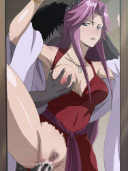 1boy 1girl breasts censored cum cum_in_pussy female_pubic_hair grabbing grabbing_another&#039;s_breast hetero highres highschool_of_the_dead jewelry large_breasts necklace nipples one_breast_out pubic_hair purple_hair rape red_skirt salmon_knight sex sex_from_behind skirt takagi_yuriko torn_clothes vaginal rating:Explicit score:124 user:SylvanDragon