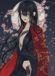  1girl absurdres black_hair black_kimono black_sash branch breasts center_opening cherry_blossoms chest_tattoo cleavage cloak closed_mouth collarbone cowboy_shot dragon dragon_print dragon_tattoo eastern_dragon floating_hair flower full_moon grey_background hair_between_eyes highres holding holding_sword holding_weapon japanese_clothes kimono long_hair long_sleeves looking_at_viewer moon open_cloak open_clothes original petals pink_flower print_cloak red_cloak sash seal_impression signature small_breasts solo standing sword tattoo ushiyama_ame very_long_hair weapon wide_sleeves yellow_eyes 