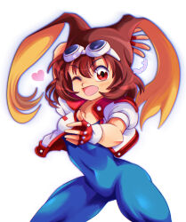 1girl arm_behind_head blowing_kiss bodysuit breasts brown_fur covered_navel fingerless_gloves gloves goggles goggles_on_head heart jacket legs leotard long_hair looking_at_viewer makihara_arina medium_breasts open_mouth rabbit_ears red_eyes smile spandex thick_thighs thighs toned waku_waku_7 