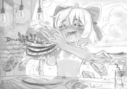  1girl ahoge beach blush bow brazil burger cirno closed_eyes cloud cloudy_sky detached_wings drink drooling eating fairy female_focus greyscale hair_between_eyes hair_bow highres hottodg ice ice_wings inverted_nipples loli melting monochrome open_mouth short_hair sky solo topless touhou wings  rating:Explicit score:42 user:Konataq