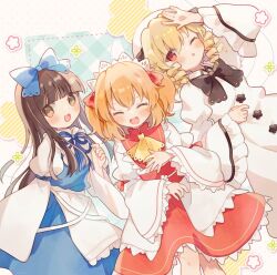  3girls blonde_hair blue_bow blue_dress bow brown_eyes brown_hair closed_eyes commentary_request dress drill_hair drill_sidelocks fang hair_bow hat juliet_sleeves long_hair long_sleeves luna_child multicolored_background multiple_girls nig_18 orange_hair puffy_sleeves red_eyes sash short_hair sidelocks star_sapphire sunny_milk touhou two_side_up white_dress white_hat 