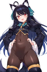  1girl :3 ahoge animal_ears black_hair black_shirt blue_hair blush cameltoe cat_ears cat_tail covered_navel gluteal_fold gradient_hair hair_ribbon hand_on_own_hip highres ichi-jirushi long_hair long_sleeves looking_at_viewer multicolored_hair puffy_sleeves red_eyes ribbon shirt sidelocks simple_background smile solo standing svartlilja_(vrchat) tail two-tone_hair vrchat vrchat_(medium) white_background wide_sleeves 