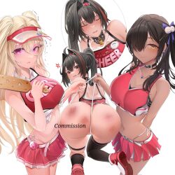  3girls ahoge anger_vein ass bare_shoulders bay_(nikke) black_eyes black_hair black_socks black_thighhighs blonde_hair blush breasts brown_eyes cheerleader clay_(nikke) closed_mouth collar collarbone commission crop_top dark-skinned_female dark_skin facial_tattoo frontal_wedgie goddess_of_victory:_nikke hair_intakes hairband holding jewelry large_breasts long_hair looking_at_viewer mappyhappy midriff mole mole_under_mouth multicolored_hair multiple_girls naga_(nikke) navel necklace pink_eyes pom_pom_(cheerleading) ponytail red_hair red_shirt red_skirt shirt shoes single_thighhigh skirt slap_mark smile sneakers socks spiked_collar spikes star_tattoo streaked_hair sweat tattoo thigh_strap thighhighs twintails visor_cap wedgie 