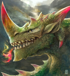  black_sclera breath_weapon breathing_fire close-up colored_sclera dragon espinas fire green_scales highres horns looking_at_viewer monster monster_focus monster_hunter_(series) no_humans nostrils open_mouth pointy_ears portrait sharp_teeth slit_pupils solo spikes teeth uchi_vs_the_world watermark wyvern yellow_eyes 