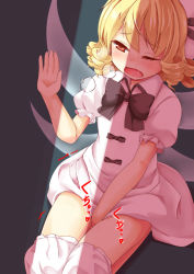 1girl blonde_hair bloomers bloomers_pull covering_privates covering_crotch drill_hair fairy_wings female_masturbation loli luna_child masturbation niiya one_eye_closed red_eyes solo team_shanghai_alice touhou translation_request underwear wings wink rating:Explicit score:53 user:danbooru