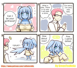 0_0 1boy 1girl 4koma ^^^ absurdres age_regression bare_shoulders blue_eyes blue_hair blue_skin breast_hold breasts child collared_shirt colored_skin comic dress english_text flat_chest glasses greenteaneko hidden_eyes highres large_breasts long_sleeves monster_girl non-web_source off-shoulder off-shoulder_dress off-shoulder_sweater off_shoulder original pink_hair pointy_ears shirt sleeves_past_wrists slime_girl spitting square_4koma surprised sweater twintails white_dress wing_collar aged_down rating:Sensitive score:112 user:danbooru