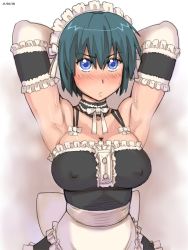 00s 1girl apron arm_garter armpits arms_behind_head arms_up bare_shoulders black_dress blue_eyes blue_hair blush breasts choker covered_erect_nipples detached_collar dress elbow_gloves female_focus frown gloves gradient_background green_hair kore_ga_watashi_no_goshujin-sama large_breasts looking_at_viewer maid maid_apron maid_headdress matching_hair/eyes medium_breasts muscular nakabayashi_yoshitaka&#039;s_maid_uniform nipples no_bra sawatari_izumi short_hair simple_background smell solo standing steam steaming_body strapless strapless_dress sweat toned upper_body white_gloves zenkou rating:Questionable score:125 user:thebatman