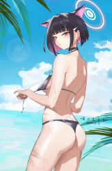  1girl absurdres animal_ears artist_name ass bikini black_bikini black_choker black_hair blue_archive blue_sky breasts brlis cat_ears choker cloud colored_inner_hair dated day hair_ornament hairclip halo highres holding_strap kazusa_(blue_archive) lens_flare looking_back multicolored_hair ocean outdoors pink_eyes pink_hair short_hair sky small_breasts solo swimsuit two-tone_hair untied_bikini 