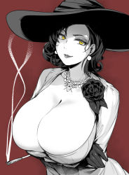  1girl alcina_dimitrescu breasts brll cleavage crossed_arms dress earrings hat highres huge_breasts jewelry kiseru looking_at_viewer medium_hair necklace parted_lips smoking_pipe red_background resident_evil resident_evil_village simple_background smile smoke solo spot_color yellow_eyes  rating:Sensitive score:121 user:danbooru