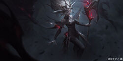  1girl absurdres artist_name blonde_hair breasts cleavage closed_mouth coven_janna dongchenbuqian feet_out_of_frame fog highres holding holding_staff janna_(league_of_legends) league_of_legends legends_of_runeterra long_hair looking_ahead official_alternate_costume official_alternate_hairstyle outdoors red_eyes sidelocks signature solo staff wind 