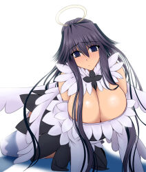 1girl alternate_eye_color bare_shoulders black_hair blue_eyes blush breasts cleavage closed_mouth commentary_request fake_halo fake_wings fallen_angel_ero_maid_costume hair_between_eyes halo huge_breasts kanzaki_kaori light_blush long_hair looking_at_viewer nose_blush shadow shiny_skin sitting solo soushin_souma thighhighs toaru_majutsu_no_index toaru_majutsu_no_index:_old_testament white_background white_thighhighs wings zettai_ryouiki