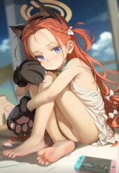  1girl :t animal_ears animal_hands armpit_crease barefoot bell blue_archive blue_eyes blurry blurry_background bow breasts cameltoe cat_ears cleft_of_venus closed_mouth collar doodle_sensei_(blue_archive) dress fake_animal_ears fang feet forehead full_body game_development_department_(blue_archive) gloves green_collar hair_bow handheld_game_console highres knees_up loli long_hair looking_at_viewer messy_hair neck_bell nintendo_switch one_side_up orange_hair panties paw_gloves pout sensei_(blue_archive) sitting small_breasts soles solo_focus strap_slip toes underwear very_long_hair wavy_hair white_bow white_dress white_panties youyueyue yuzu_(blue_archive)  rating:Questionable score:172 user:danbooru