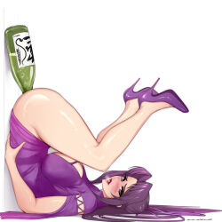  1girl alcohol alcohol_enema anal anal_object_insertion ass bottle breasts commentary dress drunk enema english_commentary high_heels highres kazehana large_breasts lipstick long_hair makeup nofuture object_insertion ponytail purple_dress purple_eyes purple_footwear purple_hair red_lips sekirei solo upside-down  rating:Explicit score:109 user:danbooru