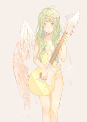  1girl 2014 ahoge angel_wings breasts closed_mouth completely_nude convenient_censoring crying dated electric_guitar falling_feathers feathers flower frown green_eyes green_hair guitar hair_flower hair_ornament highres holding holding_guitar holding_instrument instrument long_hair looking_at_viewer nora_(kukumaka23) nude original pink_background simple_background single_wing small_breasts solo standing teardrop white_flower wings 