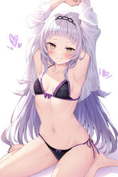  1girl arched_bangs armpits arms_up barefoot black_bra black_nails black_panties blush bow bow_bra bow_panties bra breasts bright_pupils closed_mouth commentary_request cropped_shirt dot_nose dress_shirt feet fingernails grey_hair headband heart highres hololive kurono_yuzuko lace lace-trimmed_bra lace-trimmed_panties lace_trim long_fingernails long_hair long_sleeves long_toenails looking_at_viewer murasaki_shion nail_polish navel open_clothes open_shirt paid_reward_available panties shadow shirt short_eyebrows side-tie_panties simple_background sitting small_breasts smile solo split_mouth stomach string_panties sweat toenail_polish toenails toes underwear very_long_hair virtual_youtuber white_background white_pupils white_shirt yellow_eyes 