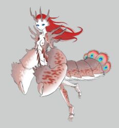  1girl arthropod_girl arthropod_limbs blue_eyes breasts carapace claws closed_mouth commentary completely_nude crab_girl english_commentary fancyrook full_body grey_background horns long_hair looking_at_viewer monster_girl multiple_horns nipples nude original red_hair simple_background small_breasts solo tail 