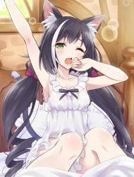 1girl animal_ear_fluff animal_ears arm_up armpits bare_arms bare_shoulders black_hair blurry blurry_foreground blush bow cat_ears cat_tail character_request collarbone commentary_request depth_of_field drill_hair fang frilled_pillow frills green_eyes hair_bow highres indoors karyl_(princess_connect!) lens_flare long_hair looking_at_viewer low_twintails multicolored_hair one_eye_closed open_mouth pajamas pillow princess_connect! purple_bow revision sitting sleepy sleeveless solo streaked_hair tail twintails two-tone_hair urabi_(tomatohouse) very_long_hair waking_up white_hair white_pajamas yawning rating:Sensitive score:30 user:danbooru