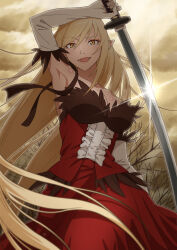  1girl :d absurdres armpits black_ribbon blonde_hair breasts cleavage cloud cloudy_sky collarbone dress elbow_gloves fangs floating_hair girugiru_(tektonics6588) gloves highres holding holding_sword holding_weapon katana kiss-shot_acerola-orion_heart-under-blade kizumonogatari large_breasts long_hair looking_at_viewer monogatari_(series) open_mouth oshino_shinobu outdoors pointy_ears red_dress ribbon sky slit_pupils smile solo straight_hair strapless strapless_dress sword vampire very_long_hair weapon white_gloves yellow_eyes 