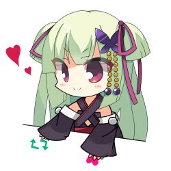  &gt;:) 1girl absurdres blunt_bangs blunt_ends blush_stickers butterfly_hair_ornament chibi closed_mouth commentary criss-cross_halter detached_sleeves green_hair hair_ornament hair_ribbon halterneck heart highres hime_cut kaon_zz like_and_retweet long_hair murasame_(senren) pom_pom_(clothes) purple_ribbon red_eyes ribbon senren_banka sidelocks sleeves_past_wrists smile solo transparent_background two_side_up upper_body v-shaped_eyebrows wide_sleeves 