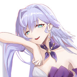  1girl :d aqua_eyes bare_shoulders breasts choker cleavage commentary dress facial_mark hair_intakes highres honkai:_star_rail honkai_(series) long_hair looking_at_viewer open_mouth purple_choker purple_hair robin_(honkai:_star_rail) smile solo strapless strapless_dress upper_body white_background yizi_(yizi_official) 