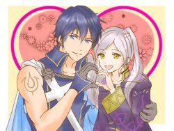  1boy 1girl arm_around_back arm_tattoo artist_request bare_shoulders blue_eyes blue_hair brown_eyes cape chrom_(fire_emblem) coat collarbone couple eyelashes fire_emblem fire_emblem_awakening fire_emblem_heroes gloves hair_between_eyes hand_up hands_up heart heart_background heart_hands height_difference highres hood hooded_coat hug intelligent_systems long_hair long_sleeves matching_hair/eyes nintendo parted_bangs robin_(female)_(fire_emblem) robin_(fire_emblem) shirt short_hair sidelocks sleeveless sleeveless_shirt standing tattoo toned toned_male twintails upper_body white_hair wide_sleeves yellow_background 