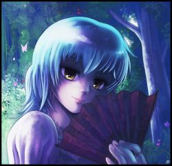 blue_hair butterfly hand_fan felarya folding_fan jewelry karbo lips ring smile solo tree yellow_eyes rating:Sensitive score:5 user:danbooru