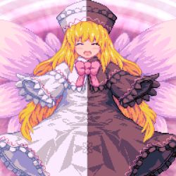 1girl :d black_dress black_hat blonde_hair bow bowtie closed_eyes dress facing_viewer fairy_wings hat kisasage_kouta lily_black lily_white long_hair long_sleeves lowres open_mouth pink_bow pink_bowtie pixel_art smile solo touhou white_dress white_hat wings
