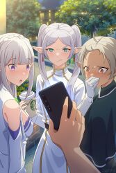  1other 3girls blonde_hair blunt_bangs blurry blush capelet cellphone coffee_cup commentary crossover cup dangle_earrings depth_of_field detached_sleeves disgust disposable_cup drop_earrings earrings elf emilia_(re:zero) english_commentary forehead frieren gloves green_eyes highres holding holding_phone jewelry long_hair long_sleeves looking_at_viewer multiple_crossover multiple_girls mushoku_tensei orange_eyes outdoors parted_bangs phone pointy_ears pov purple_hair raised_eyebrows rappa re:zero_kara_hajimeru_isekai_seikatsu short_hair sidelocks smartphone sousou_no_frieren species_connection starbucks starbucks_siren sylphiette_(mushoku_tensei) thick_eyebrows trait_connection twintails white_capelet white_gloves white_hair 