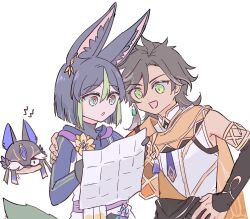  3boys :d :o animal_ear_fluff animal_ears animal_hat arm_around_shoulder black_gloves black_hair black_hat blunt_ends brown_eyes brown_hair cape commentary_request cyno_(genshin_impact) drawstring earrings fake_animal_ears fingerless_gloves flower fox_boy fox_ears fox_tail genshin_impact gloves gold_trim green_eyes green_hair hair_between_eyes hair_ornament hair_over_one_eye hand_on_another&#039;s_shoulder hand_on_own_hip hat highres himeko_(nico6v6pachi) holding holding_map hood hood_down hoodie jackal_ears jealous jewelry long_hair male_focus map multicolored_eyes multicolored_hair multiple_boys one_eye_covered open_mouth orange_cape parted_bangs purple_sash sash sethos_(genshin_impact) shaded_face shirt short_hair simple_background single_earring sleeveless sleeveless_shirt smile streaked_hair tail tassel tighnari_(genshin_impact) v-shaped_eyebrows white_background white_shirt yellow_flower 