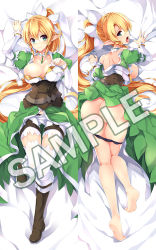  10s 1girl ass barefoot bed_sheet blonde_hair blush boots bracelet braid breasts censored cleavage dakimakura_(medium) elf feet green_eyes jewelry large_breasts leafa long_hair lying multiple_views nipples on_back on_stomach panties panty_pull pillow pointy_ears ponytail puffy_sleeves pussy sample_watermark shorts soles sweat sword_art_online thighhighs tongue tongue_out twin_braids underwear watermark windforcelan  rating:Explicit score:35 user:danbooru