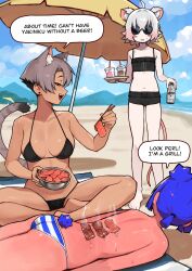  1girl 3girls absurdres ahoge animal_ear_fluff animal_ears asahi_breweries ass bare_arms bare_shoulders barefoot beach beach_umbrella bear_ears bear_girl bear_tail beer_can bikini black_bikini black_shorts blue_hair blue_sky bowl brand_name_imitation breasts can cat_ears cat_girl cat_tail chopsticks cloud commentary cooking cowboy_shot crop_top crossed_bangs cup dark-skinned_female dark_skin day disposable_cup drink_can earrings english_commentary english_text feet flat_chest food frilled_shorts frills gradient_hair grey_hair grey_tail grilling gris_(vertigris) hair_between_eyes half-closed_eyes halterneck highres holding holding_bowl holding_can holding_chopsticks indian_style jewelry kara_(vertigris) large_breasts low_ponytail lying meat mountainous_horizon mouse_ears mouse_girl mouse_tail multicolored_hair multiple_girls navel ocean on_stomach open_mouth original outdoors perl_(vertigris) pink_hair profile round_eyewear sand shirt shore short_hair short_ponytail short_shorts shorts sidelocks sideways_mouth sitting sky sleeveless sleeveless_shirt speech_bubble standing string_bikini striped_bikini striped_clothes stud_earrings sunburn sunglasses sweatdrop swimsuit tail tail_raised teeth topless two-tone_hair umbrella upper_teeth_only vertigris yakiniku yellow_eyes 