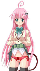 1girl antenna_hair black_thighhighs blush clothes_lift cropped_legs crotchless crotchless_panties demon_tail female_focus green_eyes highres lala_satalin_deviluke long_hair looking_at_viewer navel panties pink_hair pink_panties pussy ribbon school_uniform side-tie_panties simple_background skirt skirt_lift solo standing tail thighhighs to_love-ru uncensored underwear white_background  rating:Explicit score:49 user:MorpheusKiller