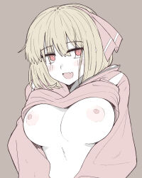 1girl :d blonde_hair blush breasts breasts_out brown_background chijo clothes_lift commentary cookie_(touhou) fang hair_between_eyes hair_ribbon highres hood hood_down hoodie large_breasts lifting_own_clothes long_sleeves looking_at_viewer nadeko_(cookie) nipples no_bra oomiya_(nicoseiga96593860) open_mouth pink_hoodie pink_ribbon red_eyes ribbon rumia short_hair simple_background skin_fang smile solo touhou upper_body